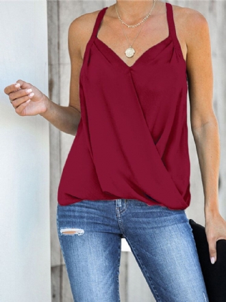 Casual Burgundy Halter V-ringad Ärmlös Front Cross Elegant Linne