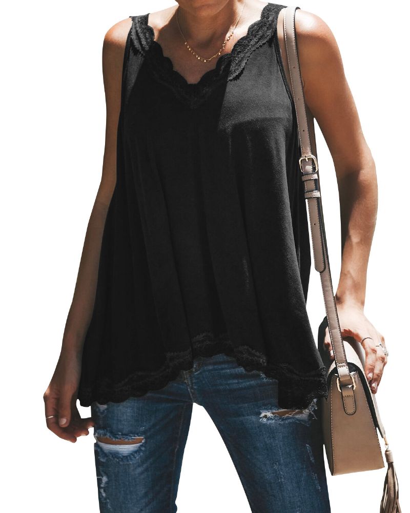 Casual Summer V-neck Lace Patchwork Ärmlöst Linne