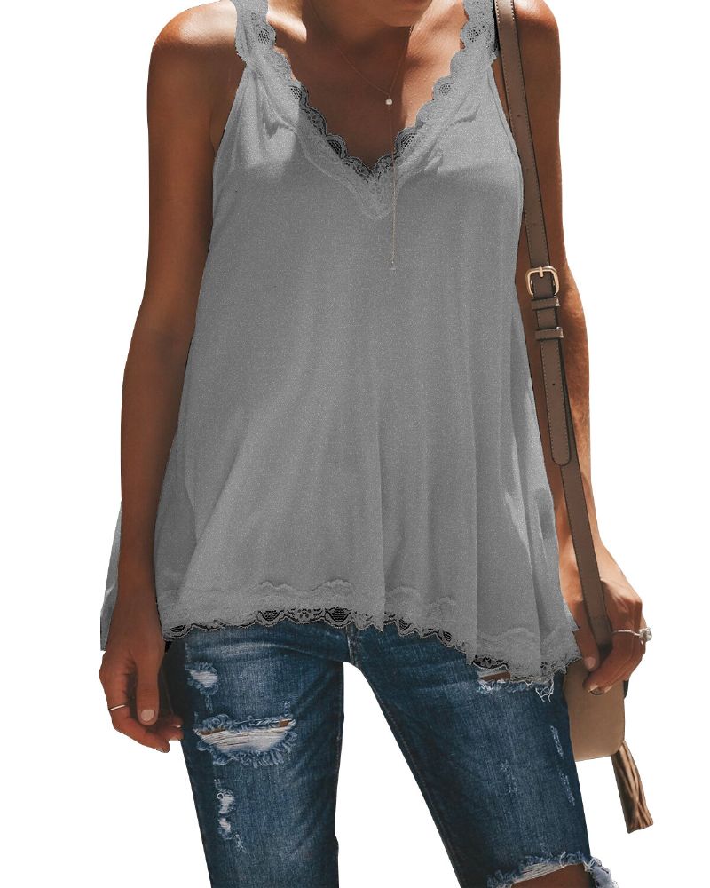 Casual Summer V-neck Lace Patchwork Ärmlöst Linne