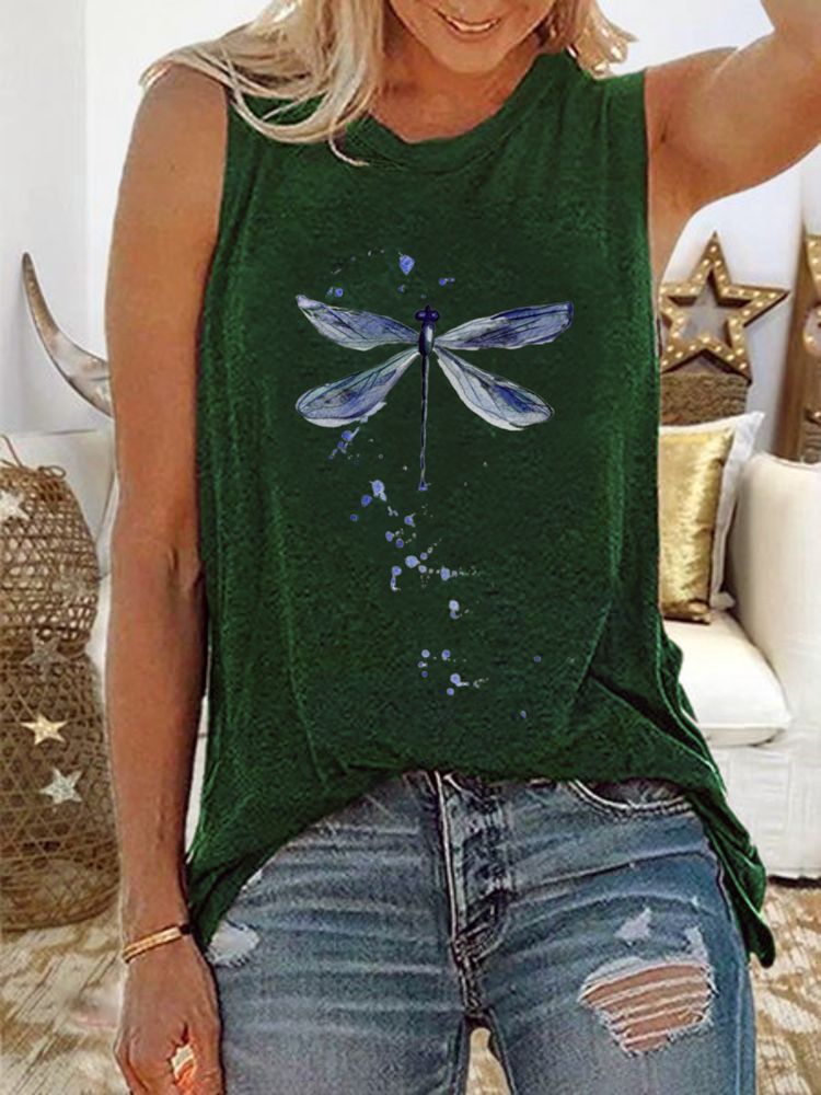 Damer Dragonfly Print Ärmlösa Casual Tank Tops