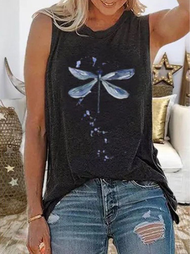 Damer Dragonfly Print Ärmlösa Casual Tank Tops