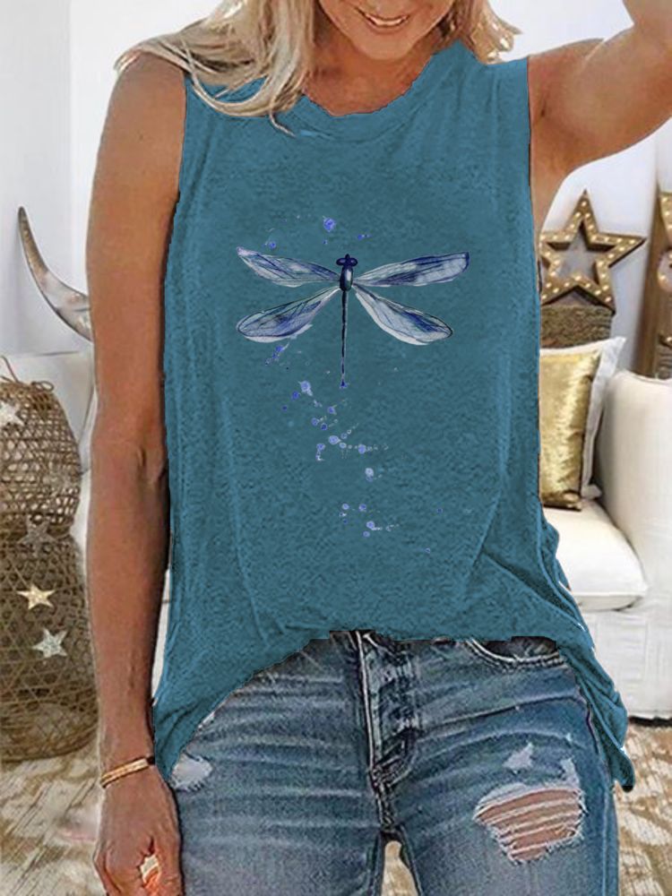 Damer Dragonfly Print Ärmlösa Casual Tank Tops