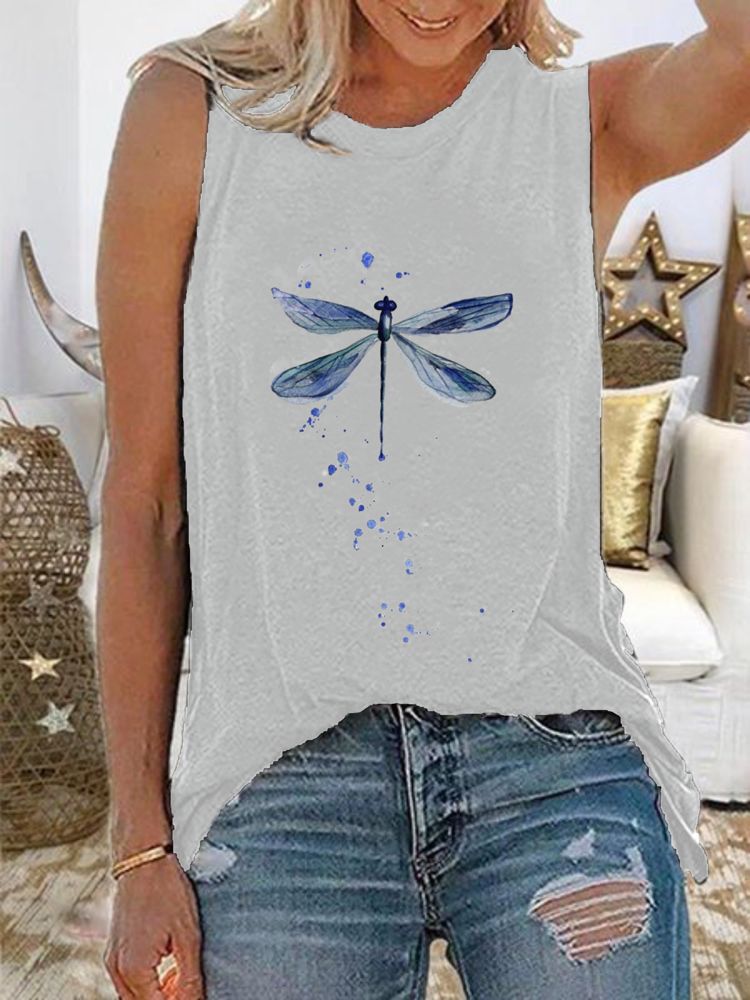 Damer Dragonfly Print Ärmlösa Casual Tank Tops