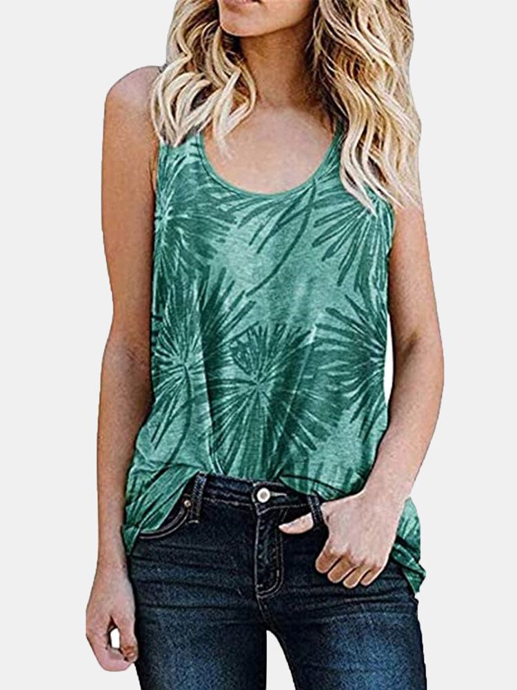 Kvinnor Plant Print Ärmlös Rund Hals Holiday Casual Linne