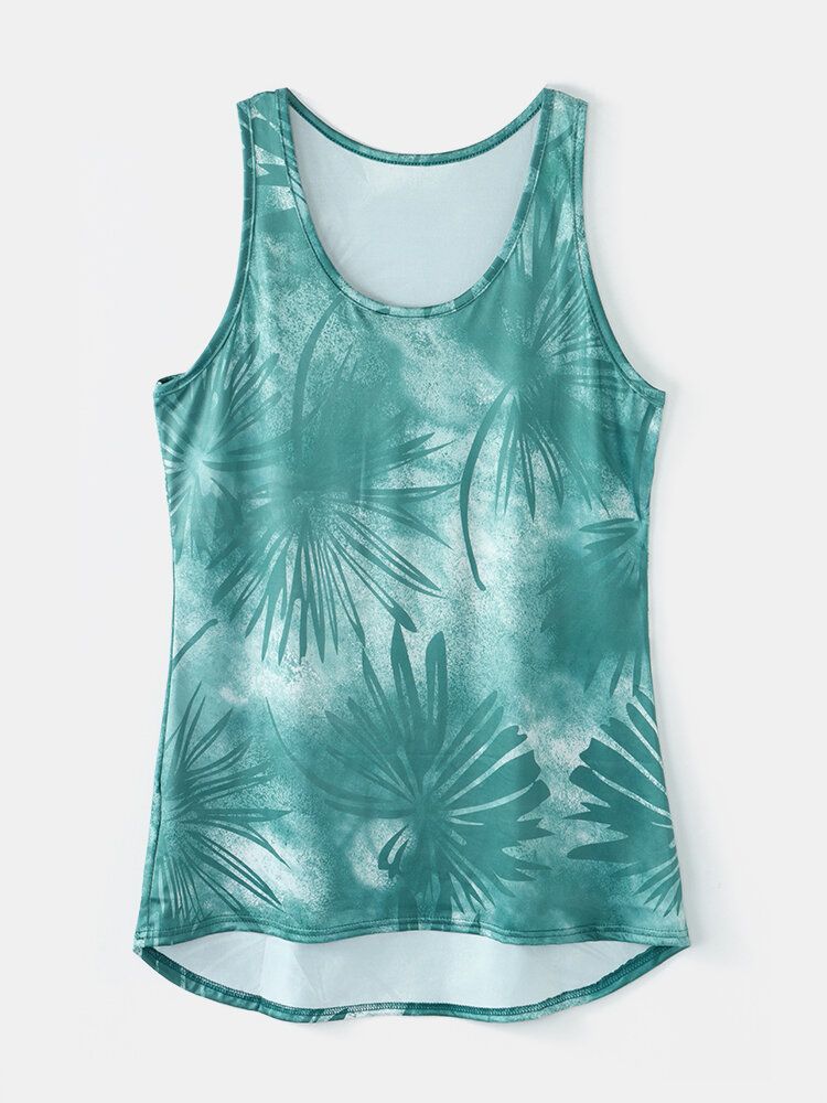 Kvinnor Plant Print Ärmlös Rund Hals Holiday Casual Linne