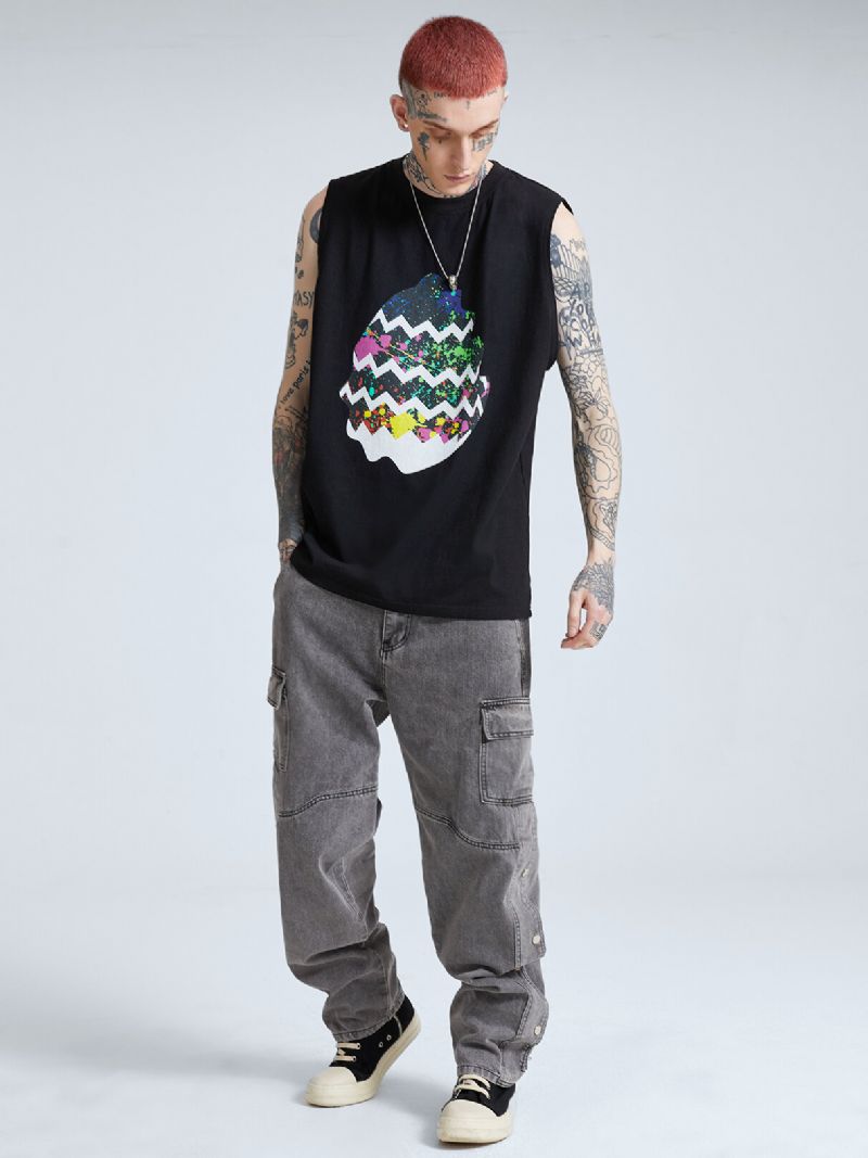 Män 100% Bomull Påskägg Graffiti Loose Fit Mjuk Andas All Matched Tank