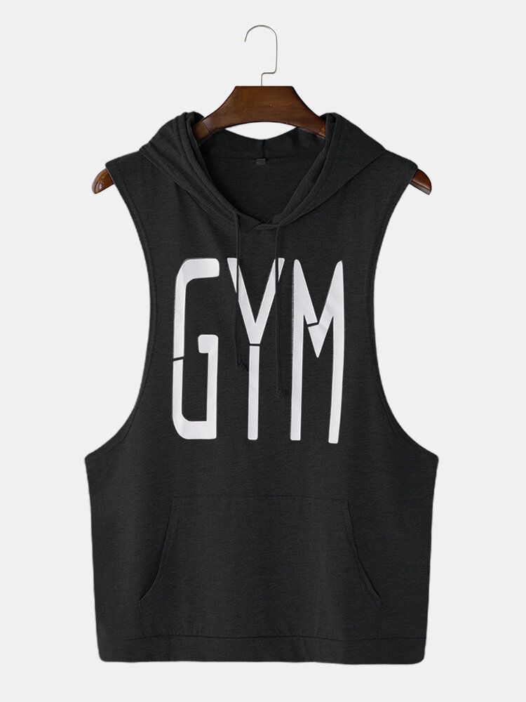 Män Mode Letter Print Hooded Sleeveless Pocket Enfärgad Sport Toppar