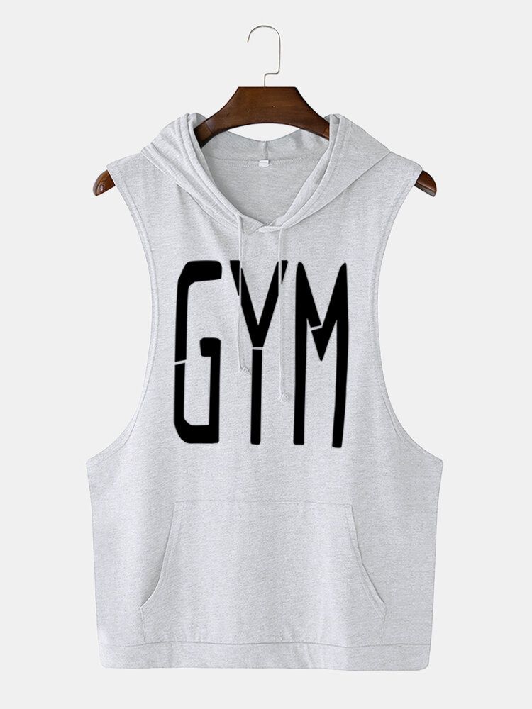 Män Mode Letter Print Hooded Sleeveless Pocket Enfärgad Sport Toppar