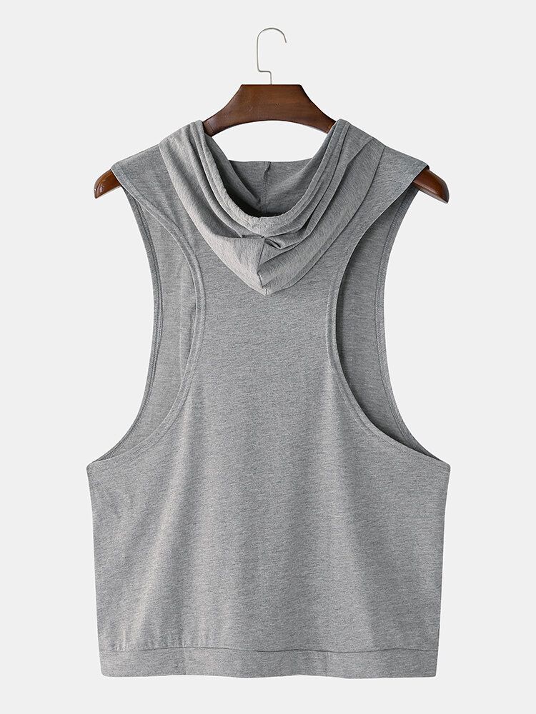 Män Mode Letter Print Hooded Sleeveless Pocket Enfärgad Sport Toppar