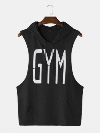 Män Mode Letter Print Hooded Sleeveless Pocket Enfärgad Sport Toppar