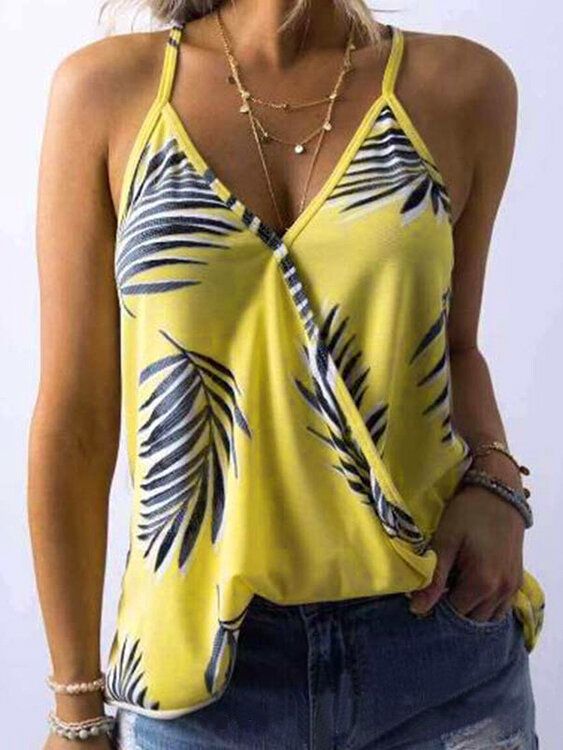 Tropical Plant Print V-ringad Ärmlös Summer Hawaii Tank Tops