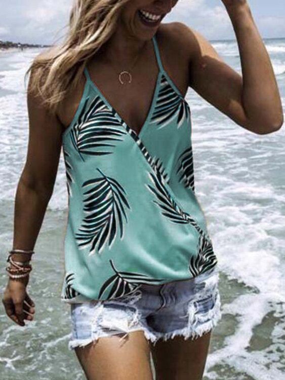 Tropical Plant Print V-ringad Ärmlös Summer Hawaii Tank Tops