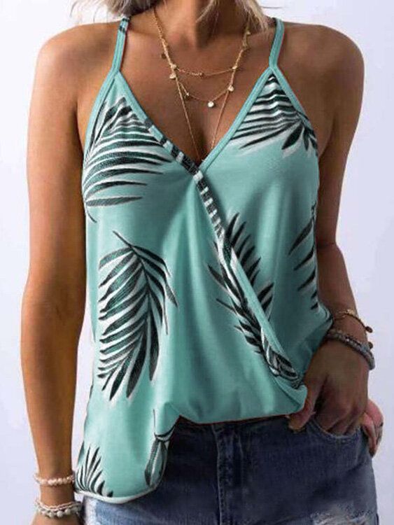 Tropical Plant Print V-ringad Ärmlös Summer Hawaii Tank Tops