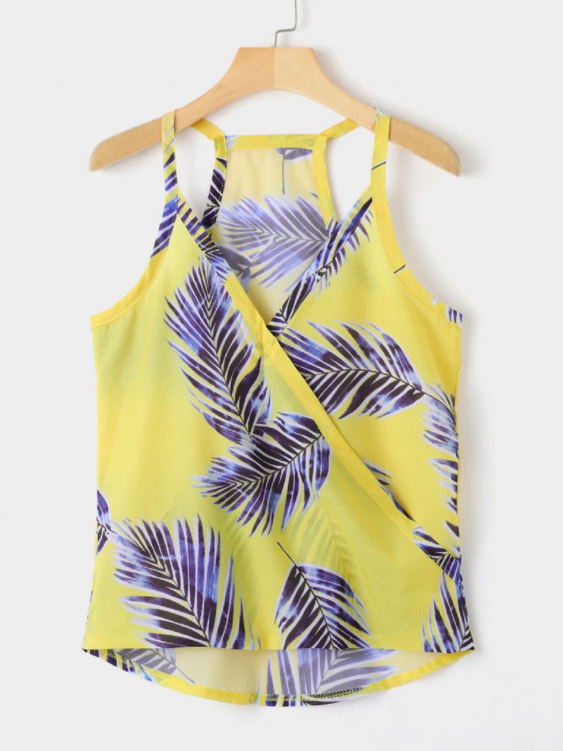 Tropical Plant Print V-ringad Ärmlös Summer Hawaii Tank Tops