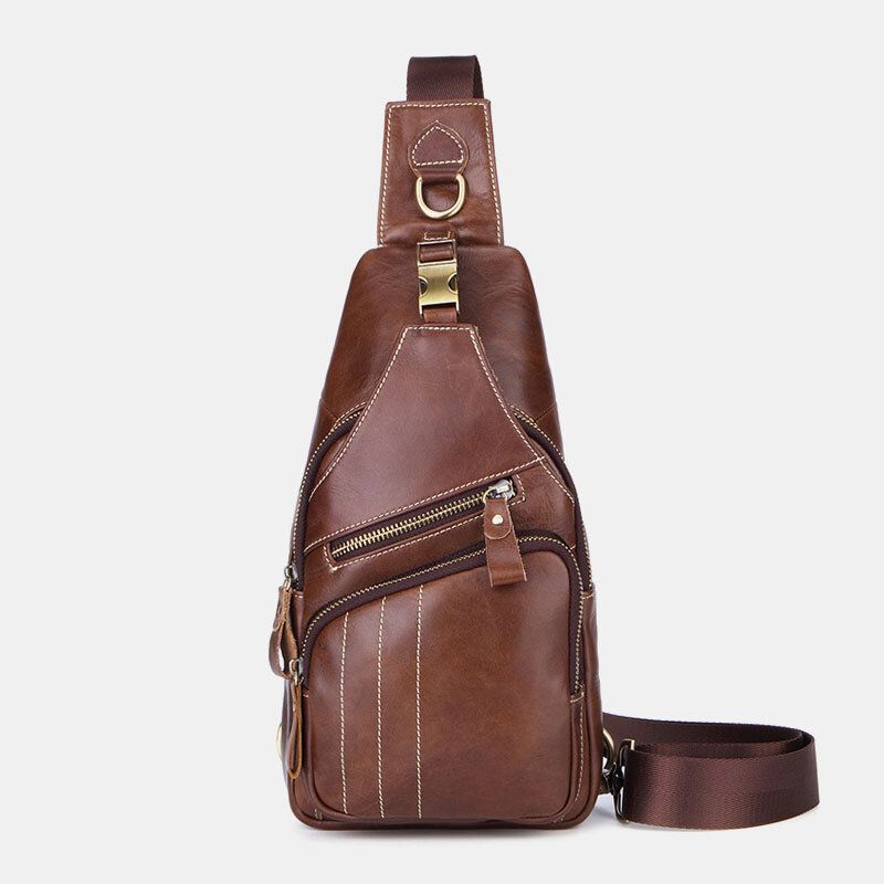 Herr Äkta Läder Retro Business Casual Enfärgad Axelväska I Läder Crossbody-väska Bröstväska