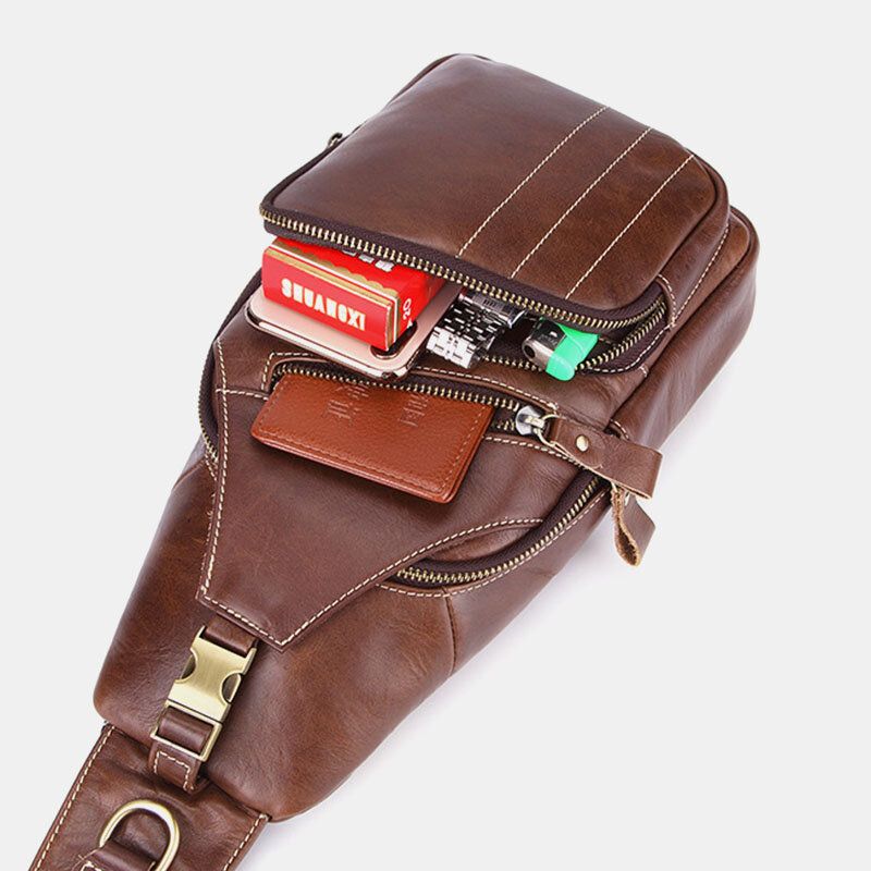 Herr Äkta Läder Retro Business Casual Enfärgad Axelväska I Läder Crossbody-väska Bröstväska