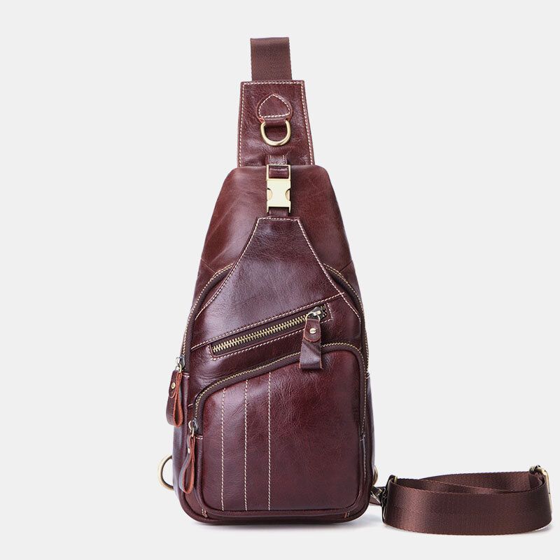 Herr Äkta Läder Retro Business Casual Enfärgad Axelväska I Läder Crossbody-väska Bröstväska