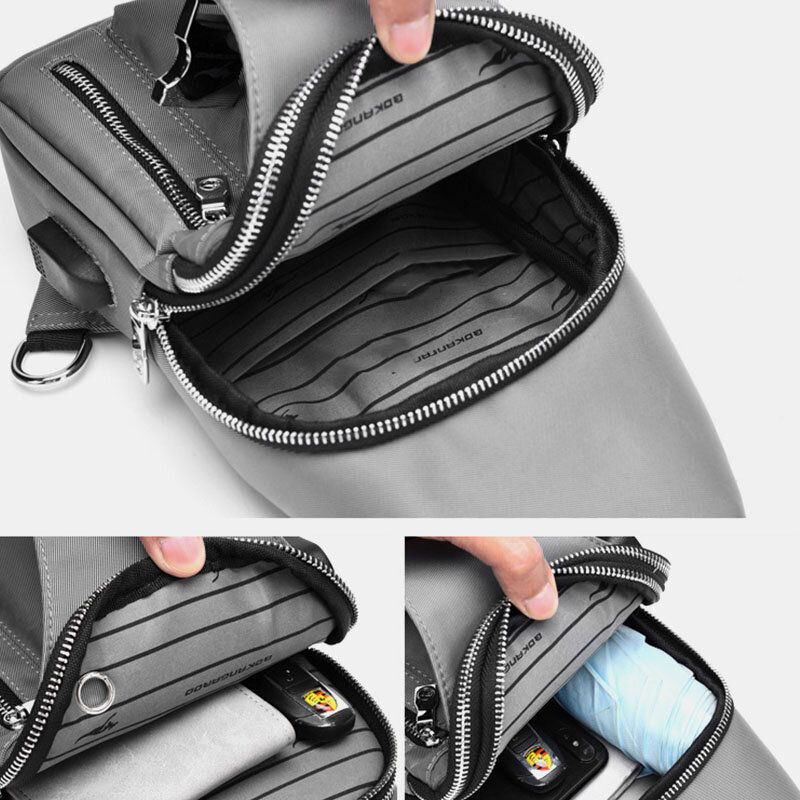 Herr Oxford Usb Laddningshörlurar Hål Design Bröstväska Multifunktion Vattentät Crossbody Axelväska Med Flera Fickor