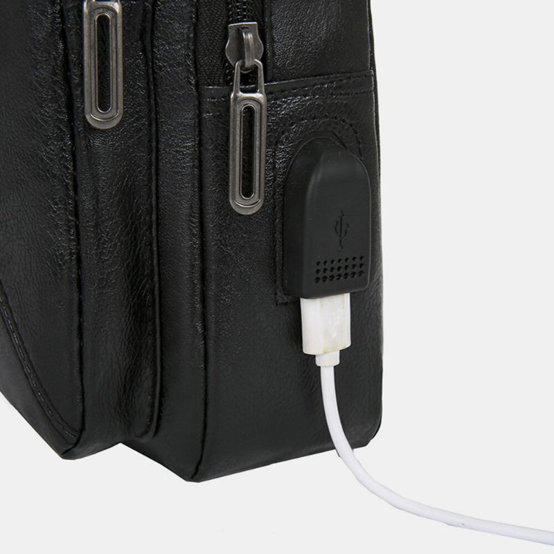 Herr Vintage Usb Laddningsdesign Flerficks Bröstväska Stor Kapacitet Slitstark Crossbody Axelväska