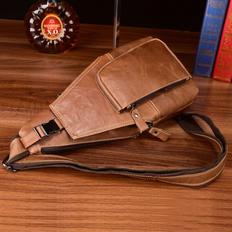 Män Äkta Läder Flerficks Anti-stöld Bröstväska Retro Wear Vattentät Crossbody-väska