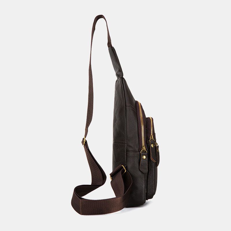 Män Äkta Läder Flerlager Vattentät Casual Crossbody-väska Bröstväska Sling Bag