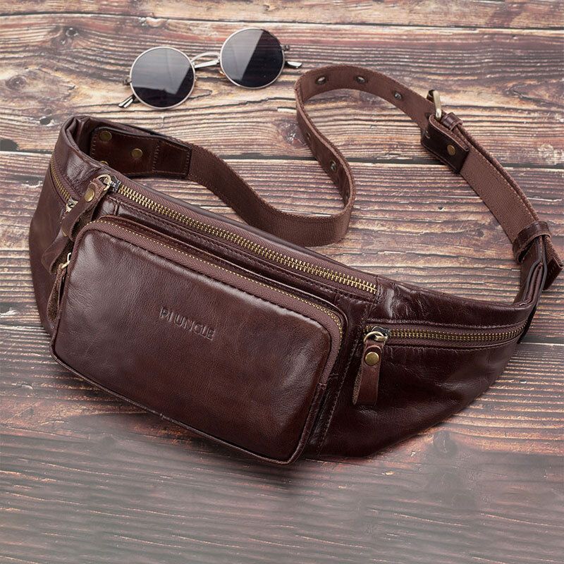 Män Äkta Läder Retro Sport Outdoor Multi-carry Bröstväska Sling Bag Crossbody Bag Midjeväska