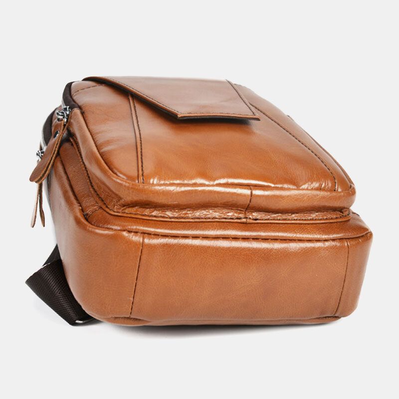 Män Äkta Läder Rygg Stöldskyddsdragkedja Ficka Bröstväska Mode Casual Slitstark Crossbody-väska Axelväska