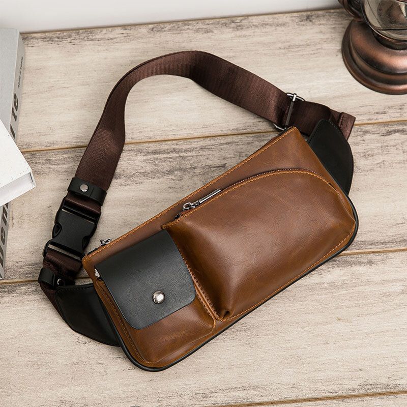 Män Konstläder Retro Business Casual Multi-carry Midjeväska Bröstväska Sling Bag