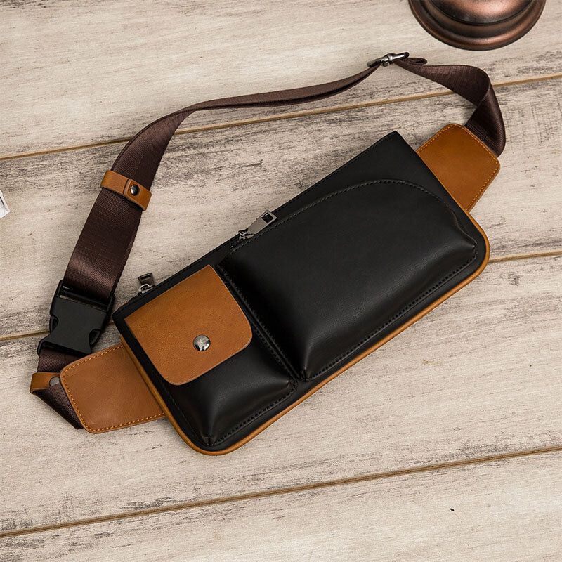 Män Konstläder Retro Business Casual Multi-carry Midjeväska Bröstväska Sling Bag