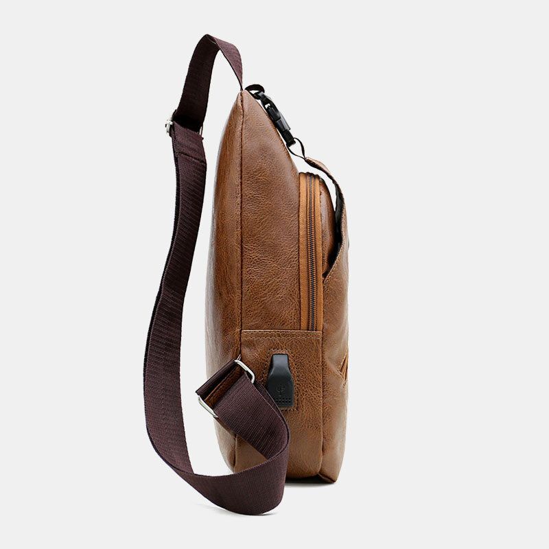 Män Konstläder Usb-laddningshörlurar Resor Retro Business Bröstväska Crossbody-väska