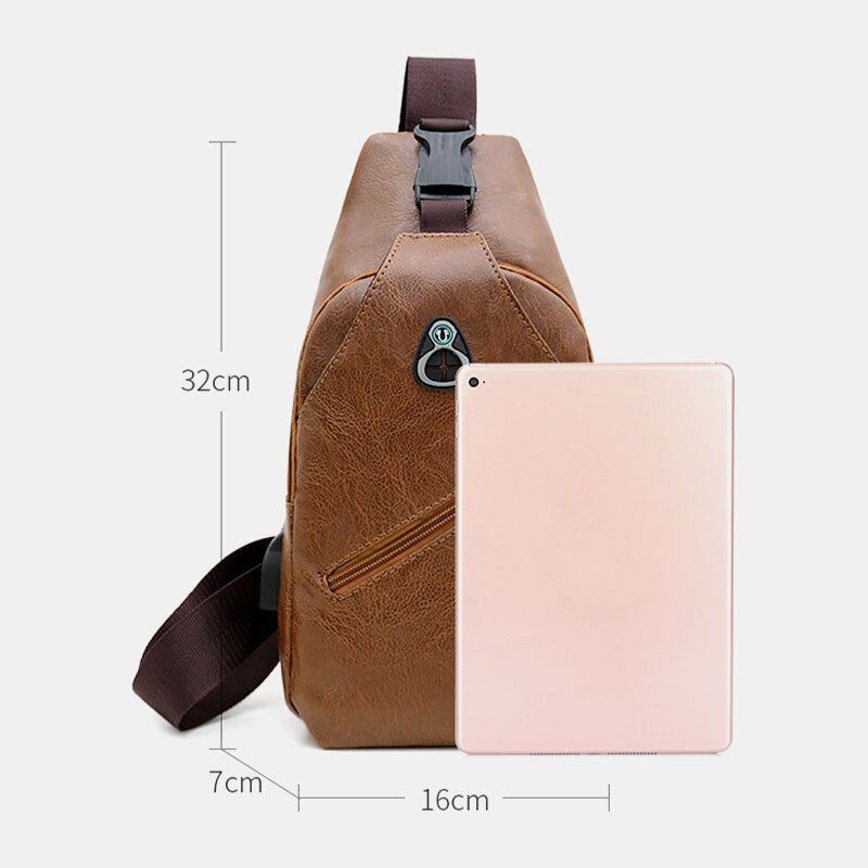 Män Konstläder Usb-laddningshörlurar Resor Retro Business Bröstväska Crossbody-väska