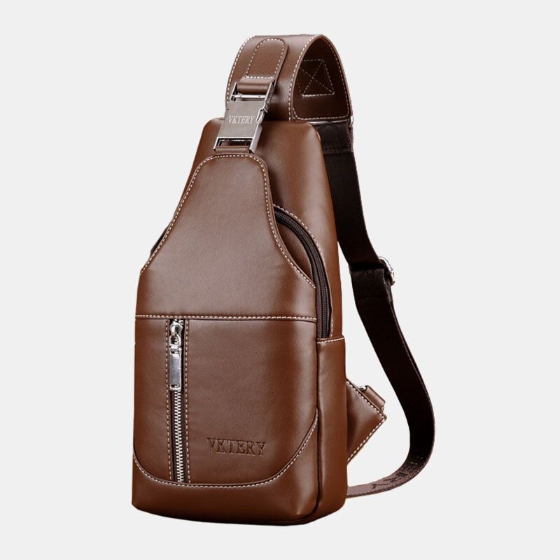 Män Pu-läder Casual Multifunktionshörlurshål Crossbody-väska Bröstväska