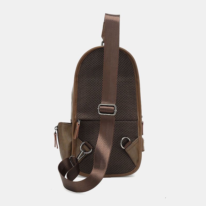 Män Pu Läder Vintage Multifunktion Hörlurar Hål Usb Laddning Crossbody Bag Bröstväska Sling Bag