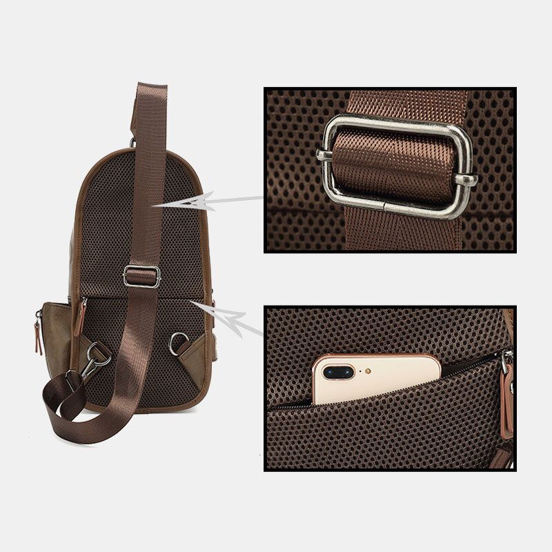 Män Pu Läder Vintage Multifunktion Hörlurar Hål Usb Laddning Crossbody Bag Bröstväska Sling Bag