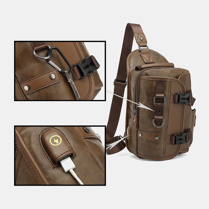 Män Pu Läder Vintage Multifunktion Hörlurar Hål Usb Laddning Crossbody Bag Bröstväska Sling Bag