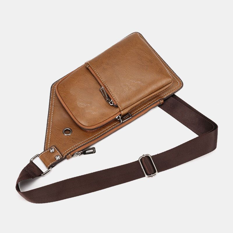 Män Retro Pu Läder Hörlurar Hål Design Bröstväska Flerficks Vattentät Dragkedja Crossbody Bag Axelväska