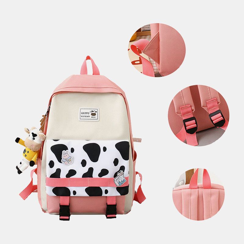 5 St Canvas Preppy Cow-mönster Multifunktionskombinationsväska Ryggsäck Tote Crossbody-väska Clutchplånbok