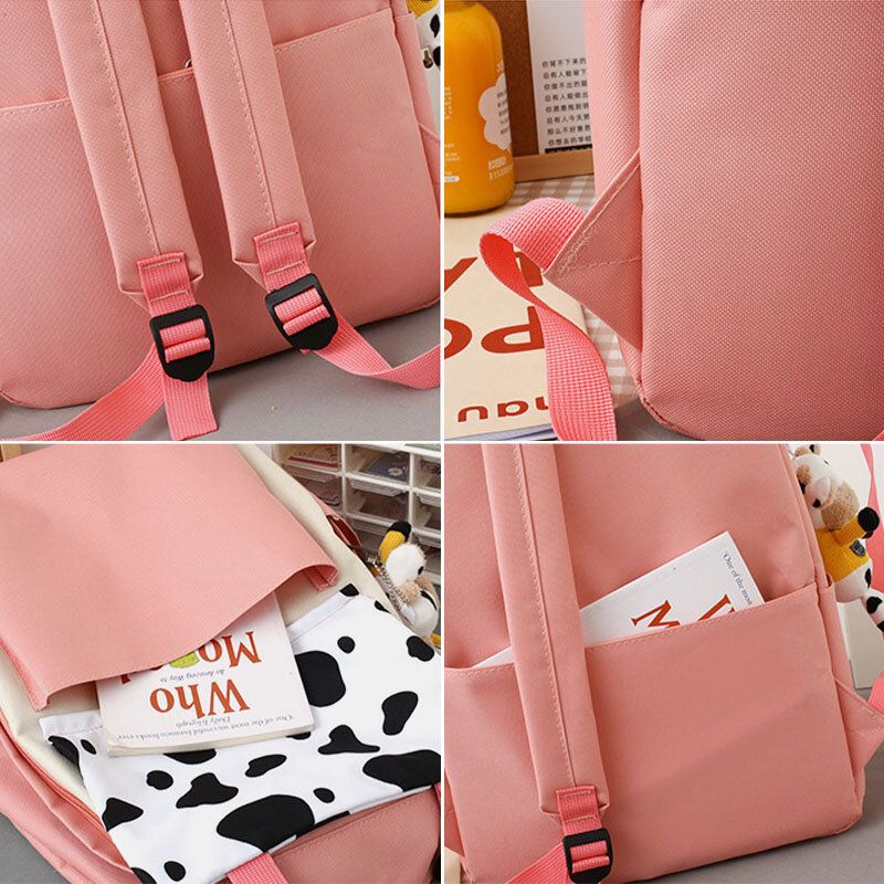 5 St Canvas Preppy Cow-mönster Multifunktionskombinationsväska Ryggsäck Tote Crossbody-väska Clutchplånbok