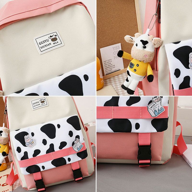 5 St Canvas Preppy Cow-mönster Multifunktionskombinationsväska Ryggsäck Tote Crossbody-väska Clutchplånbok