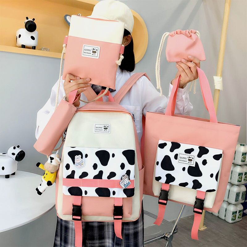 5 St Canvas Preppy Cow-mönster Multifunktionskombinationsväska Ryggsäck Tote Crossbody-väska Clutchplånbok