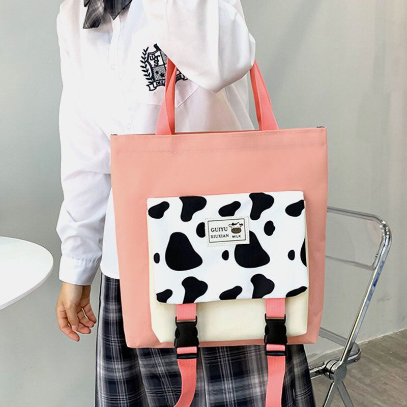 5 St Canvas Preppy Cow-mönster Multifunktionskombinationsväska Ryggsäck Tote Crossbody-väska Clutchplånbok