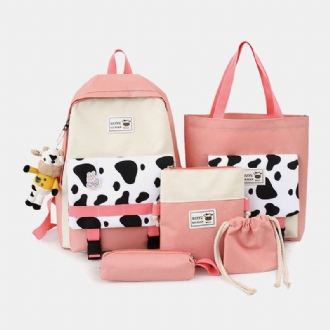 5 St Canvas Preppy Cow-mönster Multifunktionskombinationsväska Ryggsäck Tote Crossbody-väska Clutchplånbok