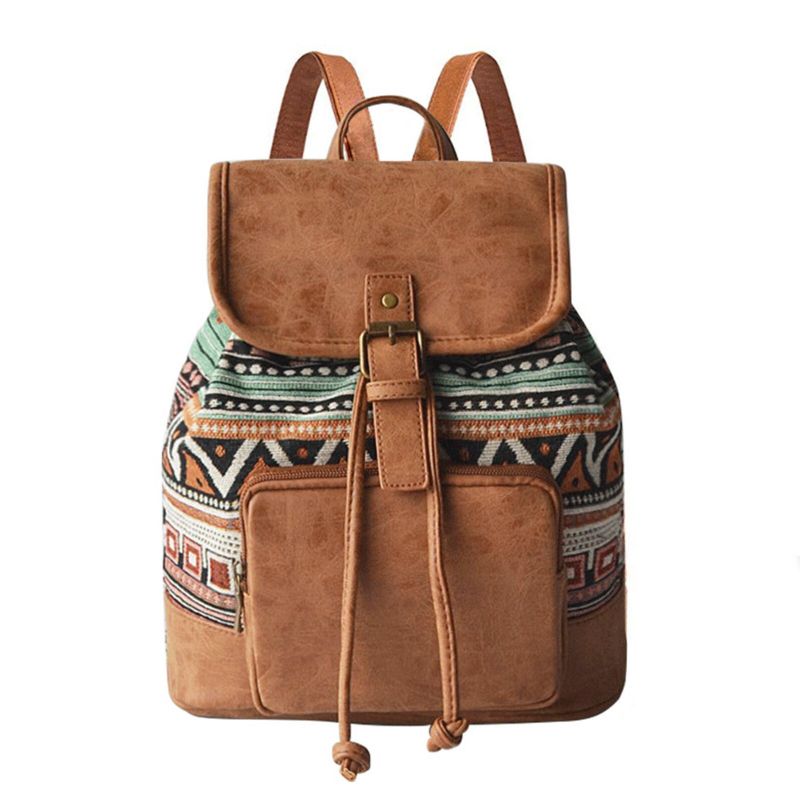 Dam Canvas Tyg Vintage Etniskt Mönster Bohemian Ryggsäck Justerbar Rem Casual Bag