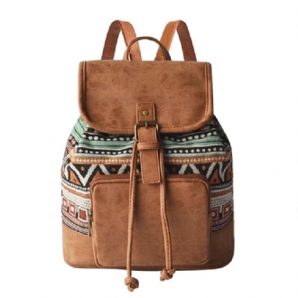 Dam Canvas Tyg Vintage Etniskt Mönster Bohemian Ryggsäck Justerbar Rem Casual Bag