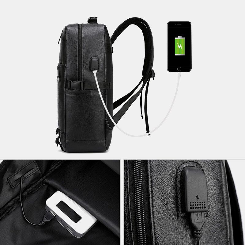 Herr Usb-laddning Multi-pocket Pu-läderryggsäck Mode Casual Stor Kapacitet 156 Tums Bärbar Datorväska