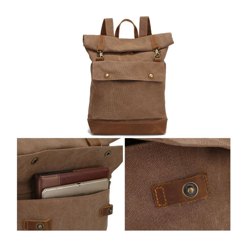 Herr Vintage Canvas Lädersömmar Ryggsäck Stor Kapacitet Multifunktionell Casual Reseryggsäck