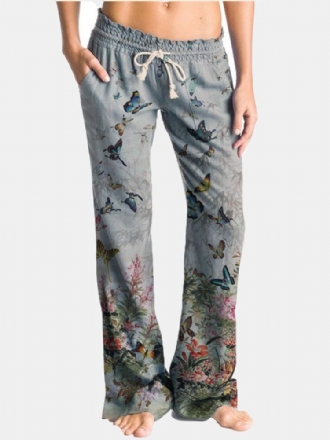 Butterfly Flower Print Dragsko Elastisk Midja Casual Byxor För Kvinnor