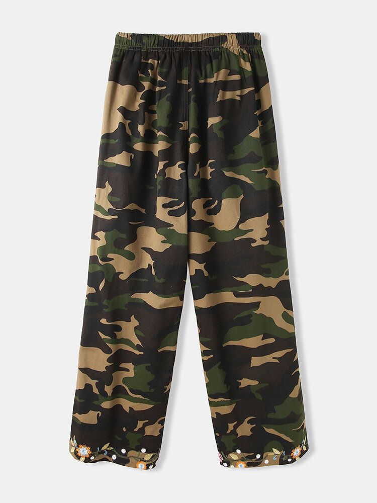 Dam Camouflage Blommönster Dragsko Med Mitten Av Midjan Casual Byxor Med Ficka