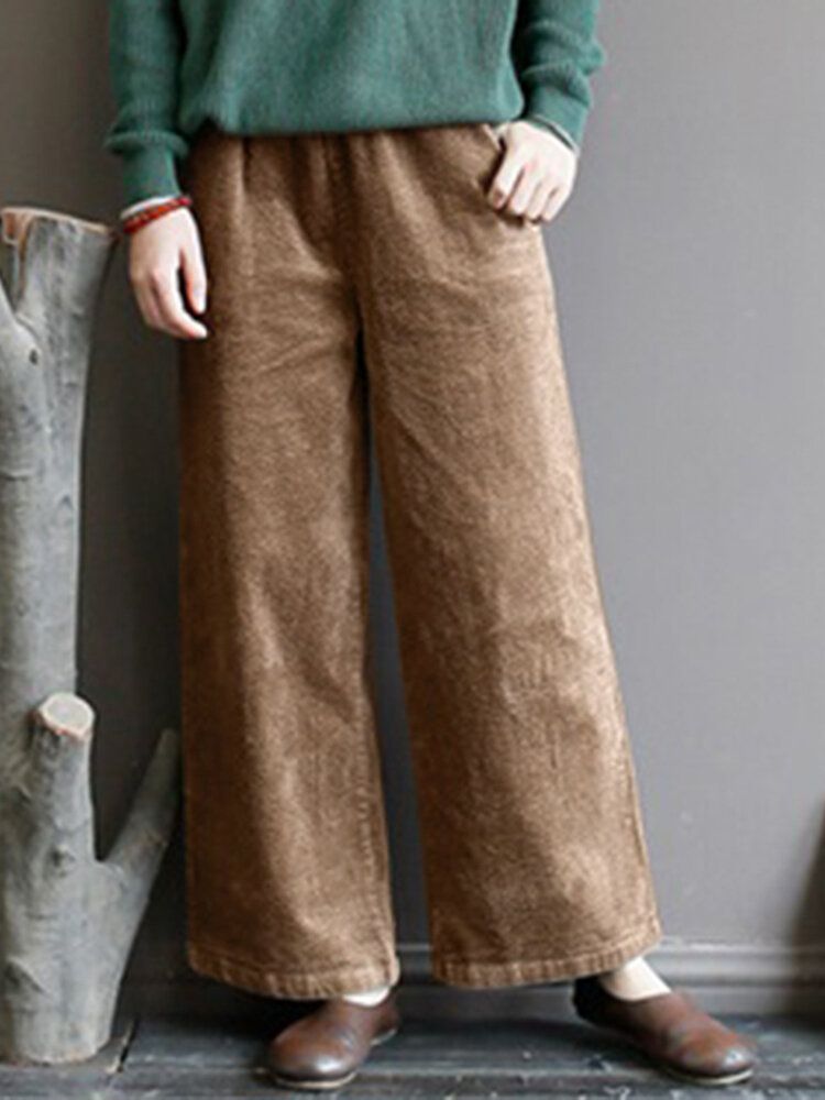 Kvinnor Bredbent Corduroy Solid Retro Byxor Med Sidofickor