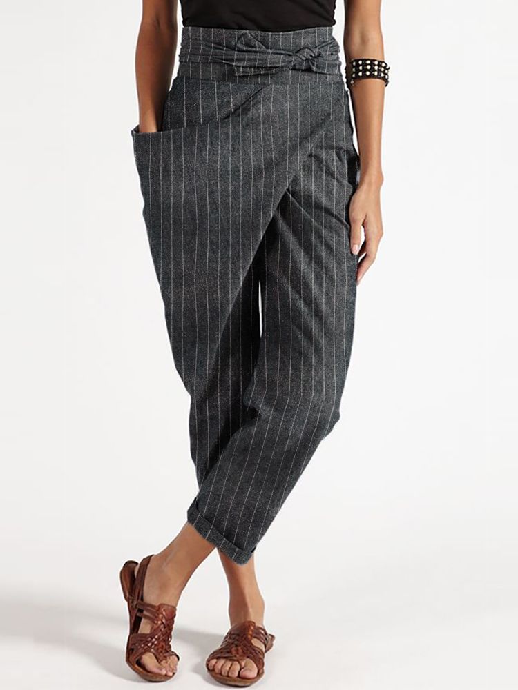 Stripe Irregular Wrap Pocket Casual Haremsbyxor Med Bälte